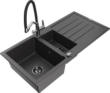 Mexen Andres gránit mosogató 1,5-medencés csepegtetővel és Duo konyhai csapteleppel, fekete pöttyös - 6515-76-671701-07-B