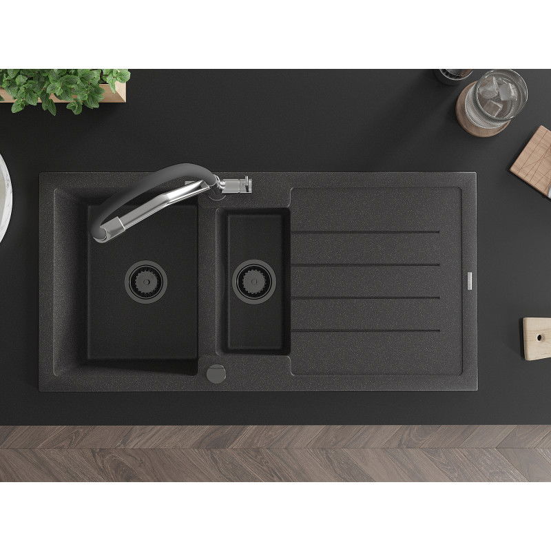 Mexen Andres chiuvetă granit 1,5-camere cu picurător și baterie bucătărie Duo, negru pistruiat - 6515-76-671701-07-B