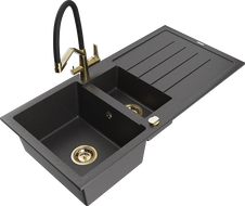 Mexen Andres 1,5-medencés gránit mosogató lefolyóval és Duo konyhai csapteleppel, fekete pöttyös - 6515-76-671701-57-G