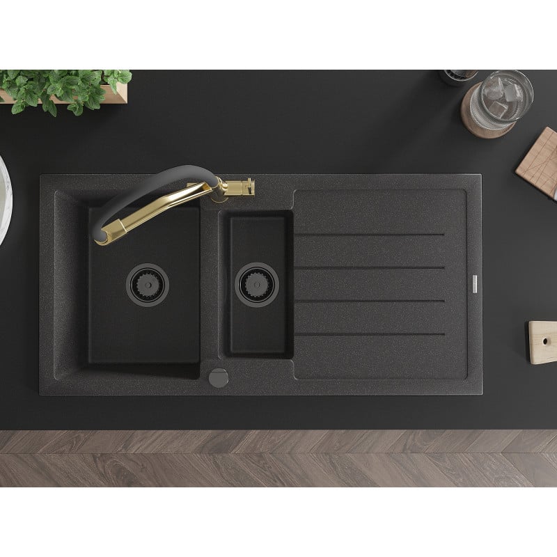 Mexen Andres chiuvetă de bucătărie din granit cu 1,5 compartimente, cu scurgător și baterie Duo, neagră cu pete