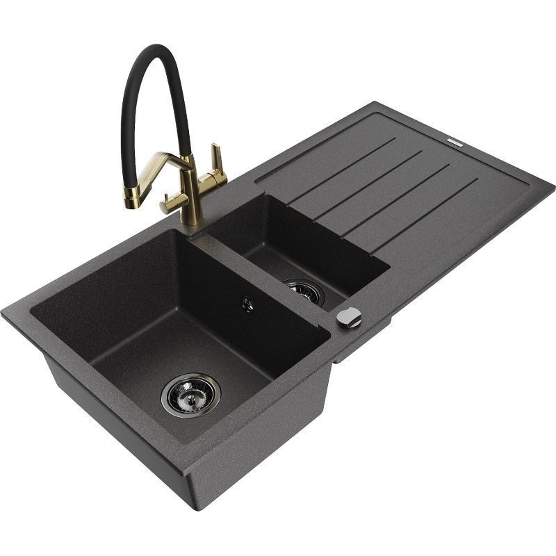 Chiuvetă granitică Mexen Andres 1,5 camere cu scurgător și baterie de bucătărie Duo, negru pătat - 6515-76-671701-57-B