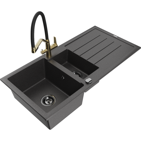 Chiuvetă granitică Mexen Andres 1,5 camere cu scurgător și baterie de bucătărie Duo, negru pătat - 6515-76-671701-57-B