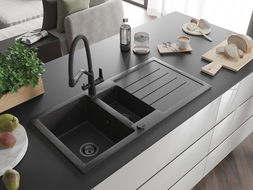 Mexen Andres chiuvetă de granit 1,5-camere cu scurgător și baterie de bucătărie Duo, negru pătat - 6515-76-671701-70-B