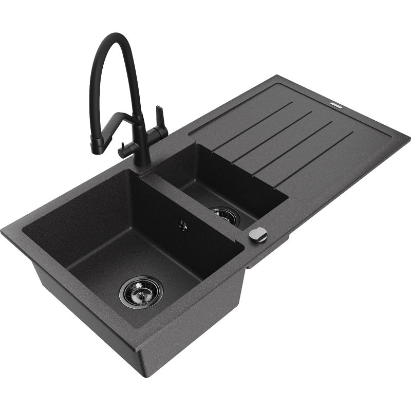 Mexen Andres chiuvetă de granit 1,5-camere cu scurgător și baterie de bucătărie Duo, negru pătat - 6515-76-671701-70-B