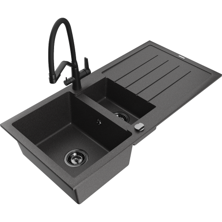 Mexen Andres chiuvetă de granit 1,5-camere cu scurgător și baterie de bucătărie Duo, negru pătat - 6515-76-671701-70-B