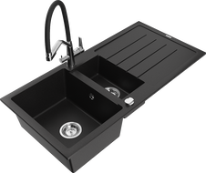 Mexen Andres 1,5 rekeszes gránit mosogató csepegtetővel és Duo konyhai csapteleppel, fekete - 6515-77-671701-07