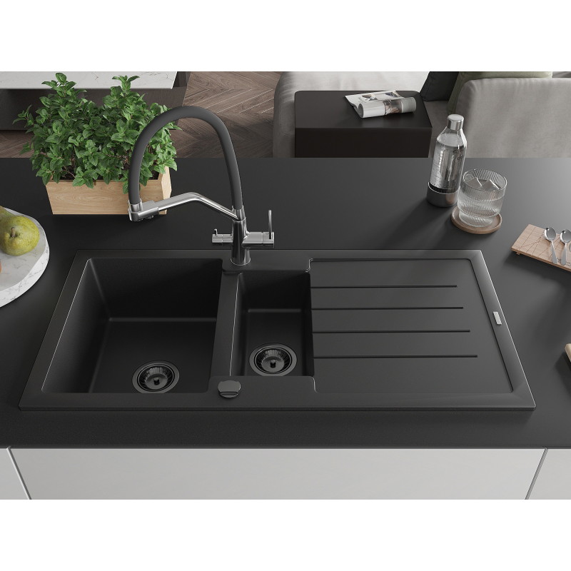 Mexen Andres 1,5 medencés gránit mosogató csepegtetővel és Duo konyhai csapteleppel, fekete - 6515-77-671701-07-B