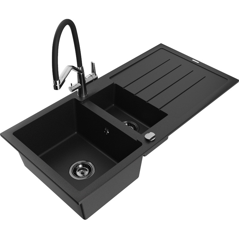 Mexen Andres chiuvetă de granit cu 1,5 cuve cu scurgător și baterie de bucătărie Duo, negru - 6515-77-671701-07-B