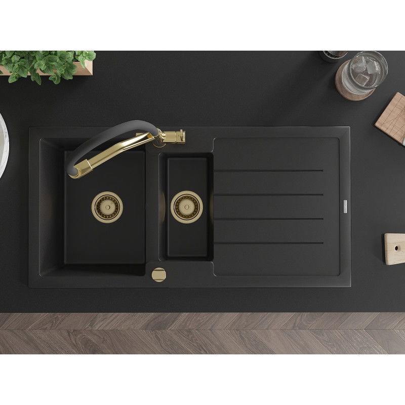 Mexen Andres 1,5-medencés gránit mosogató csepegtetővel és Duo konyhai csapteleppel, fekete - 6515-77-671701-57-G