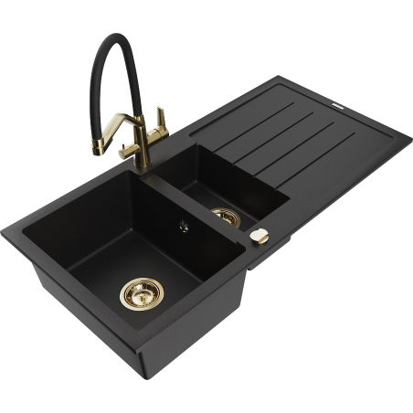 Mexen Andres chiuvetă de granit cu 1,5 cuve, cu scurgător și baterie de bucătărie Duo, negru - 6515-77-671701-57-G