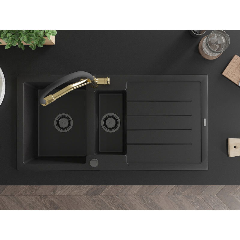 Mexen Andres chiuvetă granitică 1,5 compartimentară cu scurgător și baterie de bucătărie Duo, negru - 6515-77-671701-57-B