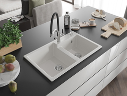 Mexen Tomas chiuvetă de bucătărie granit cu 2 compartimente și baterie Duo, alb - 6516-20-671701-07