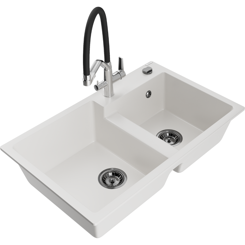 Mexen Tomas gránit mosogató 2-medencés konyhai csappal Duo, fehér - 6516-20-671701-07-B