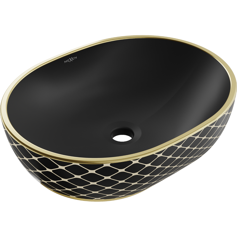 Mexen Viki mosdókagyló munkalapra helyezett 48 x 35 cm, fekete matt/arany kocka minta - 21054879