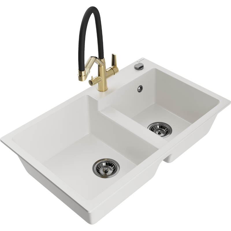 Mexen Tomas chiuvetă de granit cu 2 compartimente și baterie de bucătărie Duo, alb - 6516-20-671701-57-B