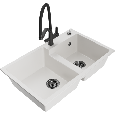 Mexen Tomas chiuvetă de bucătărie din granit cu 2 compartimente și robinet Duo, alb - 6516-20-671701-70-B