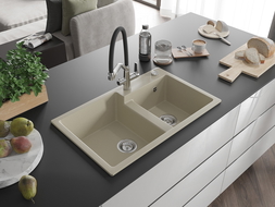 Mexen Tomas gránit mosogató 2-medencés konyhai csapteleppel Duo, bézs - 6516-69-671701-07