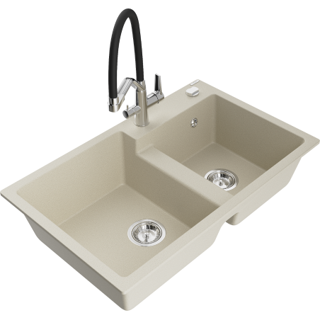 Mexen Tomas chiuvetă din granit cu 2 cuve și baterie de bucătărie Duo, bej - 6516-69-671701-07