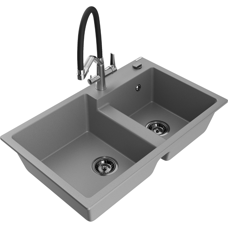 Mexen Tomas 2 rekeszes gránit mosogató Duo konyhai csapteleppel, szürke - 6516-71-671701-07-B