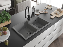 Mexen Tomas chiuvetă de bucătărie din granit cu 2 camere și baterie Duo, gri - 6516-71-671701-70-B