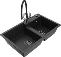 Mexen Tomas chiuvetă de granit cu 2 compartimente și baterie de bucătărie Duo, negru/argintiu metalizat - 6516-73-671701-07-B