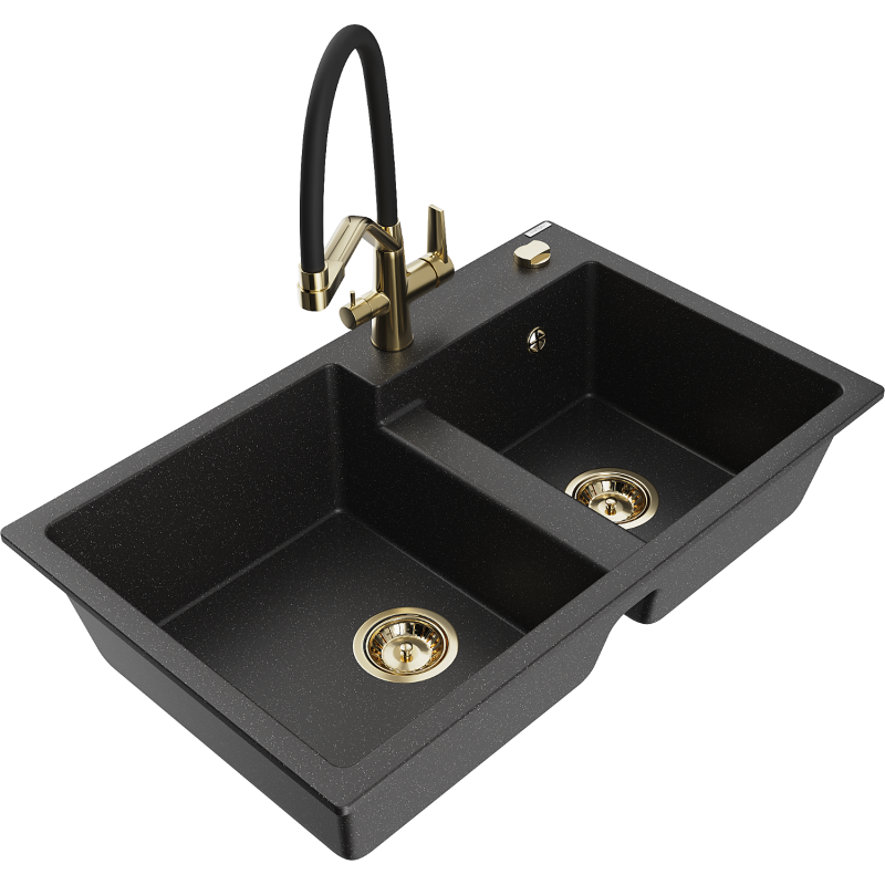 Mexen Tomas chiuvetă din granit cu 2 compartimente și baterie de bucătărie Duo, negru/metalizat argintiu - 6516-73-671701-57-G