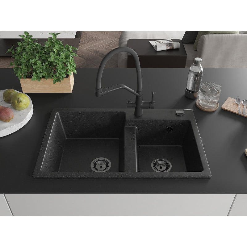 Mexen Tomas chiuvetă de bucătărie din granit cu 2 compartimente și baterie Duo, negru/metalic argintiu - 6516-73-671701-70-B