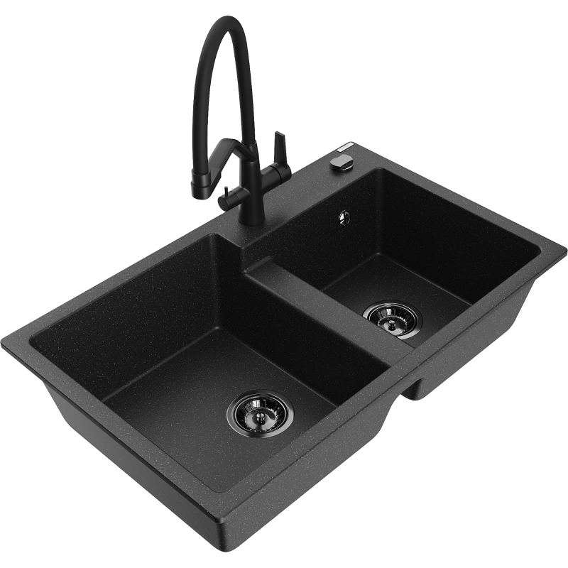 Mexen Tomas chiuvetă de bucătărie din granit cu 2 compartimente și baterie Duo, negru/metalic argintiu - 6516-73-671701-70-B