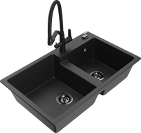 Mexen Tomas chiuvetă de bucătărie din granit cu 2 compartimente și baterie Duo, negru/metalic argintiu - 6516-73-671701-70-B