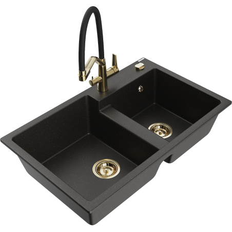 Mexen Tomas gránit mosogató 2-medencés konyhai csappal Duo, fekete/arany metál - 6516-75-671701-57-G