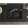 Mexen Tomas Chiuvetă de granit cu 2 compartimente și baterie de bucătărie Duo, Neagră/Auriu metalic - 6516-75-671701-57-B