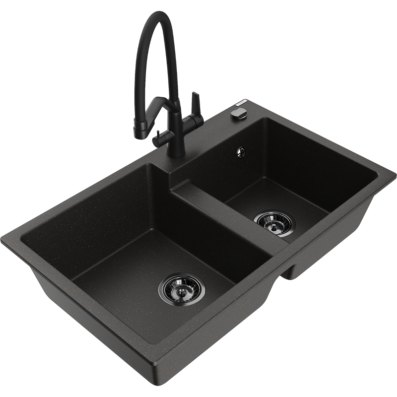 Mexen Tomas chiuvetă de granit cu două compartimente și baterie de bucătărie Duo, negru/auriu metalizat