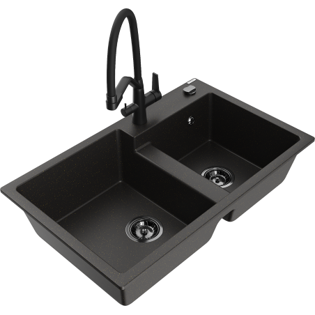 Mexen Tomas chiuvetă de granit cu două compartimente și baterie de bucătărie Duo, negru/auriu metalizat