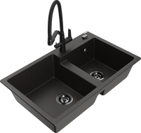 Mexen Tomas chiuvetă de granit cu două compartimente și baterie de bucătărie Duo, negru/auriu metalizat