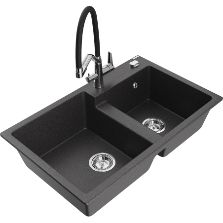 Mexen Tomas gránit mosogató 2 rekeszes konyhai csapteleppel Duo, fekete pöttyös - 6516-76-671701-07