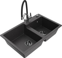 Mexen Tomas chiuvetă de bucătărie din granit cu 2 cuve și baterie Duo, negru pătat - 6516-76-671701-07-B