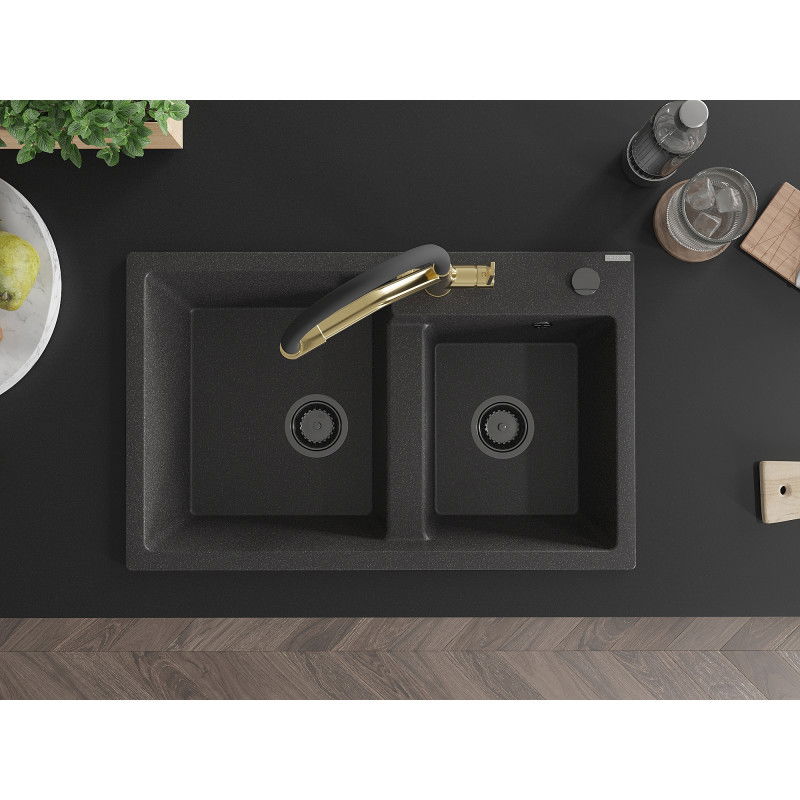 Mexen Tomas chiuvetă din granit cu 2 compartimente și baterie de bucătărie Duo, negru stropit - 6516-76-671701-57-B