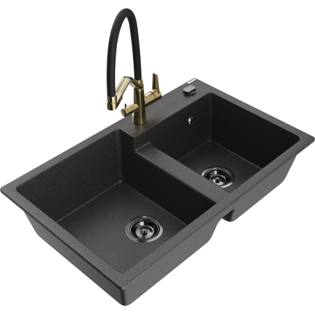 Mexen Tomas chiuvetă din granit cu 2 compartimente și baterie de bucătărie Duo, negru stropit - 6516-76-671701-57-B