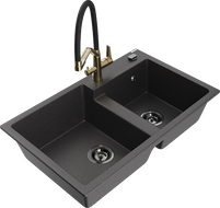 Mexen Tomas chiuvetă din granit cu 2 compartimente și baterie de bucătărie Duo, negru stropit - 6516-76-671701-57-B