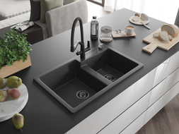 Mexen Tomas chiuvetă granit dublu compartiment cu baterie de bucătărie Duo, negru cu pete - 6516-76-671701-70-B