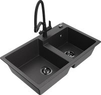 Mexen Tomas chiuvetă de granit cu 2 compartimente și baterie de bucătărie Duo, negru stropit - 6516-76-671701-70-B