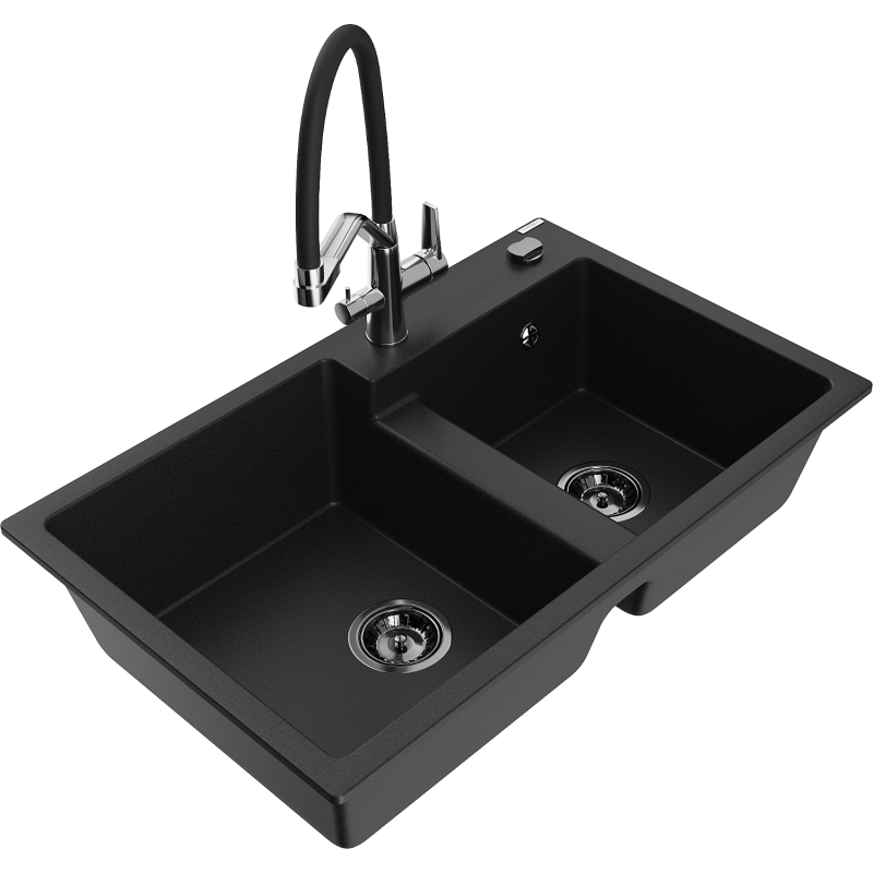Mexen Tomas chiuvetă de bucătărie din granit cu 2 compartimente și baterie Duo, neagră - 6516-77-671701-07-B