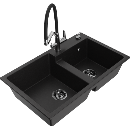Mexen Tomas chiuvetă de bucătărie din granit cu 2 compartimente și baterie Duo, neagră - 6516-77-671701-07-B