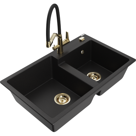 Mexen Tomas chiuvetă de granit cu 2 compartimente și baterie de bucătărie Duo, negru - 6516-77-671701-57-G