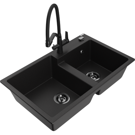 Mexen Tomas gránit 2-medencés mosogató Duo konyhai csapteleppel, fekete - 6516-77-671701-70-B