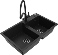 Mexen Tomas chiuvetă din granit cu 2 compartimente și baterie de bucătărie Duo, negru - 6516-77-671701-70-B