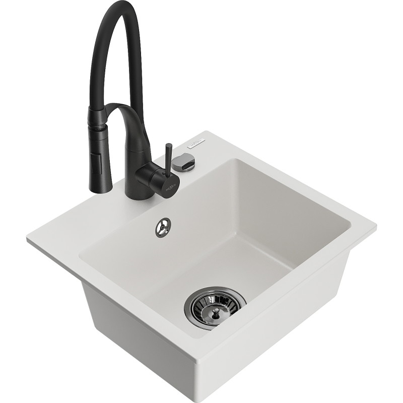 Mexen Milo chiuvetă de granit cu 1 compartiment cu baterie de bucătărie Aster, albă - 6505-20-73450-70-B