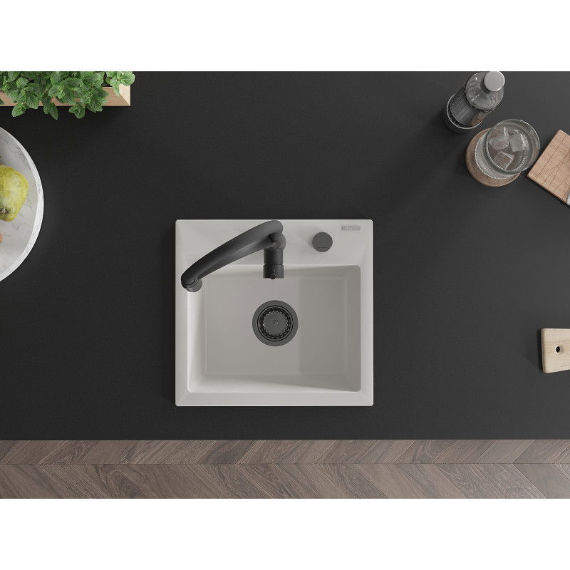 Mexen Milo chiuvetă de granit cu 1 compartiment și baterie de bucătărie Aster, alb - 6505-20-73450-70-B