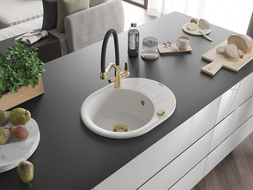 Mexen Kevin chiuvetă de bucătărie din granit cu 1 compartiment și baterie Duo, alb - 6517-20-671701-57-G