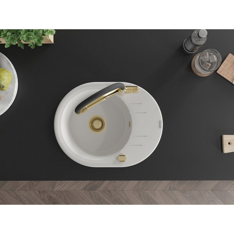 Mexen Kevin chiuvetă de bucătărie din granit cu 1 compartiment și baterie Duo, alb - 6517-20-671701-57-G